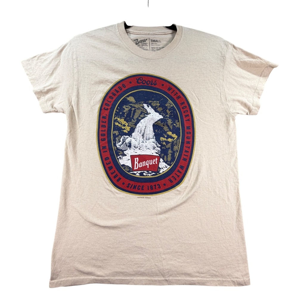 Brew City Coors Banquet Beer Graphic Tee 100% Cotton Small Tan Retro Brewery